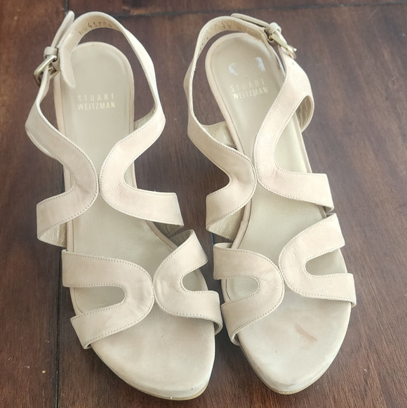 Stuart Weitzman Cream Nubuck Leather Caged Sandals With Wooden Heels Sz 8.5 M - Picture 2 of 7